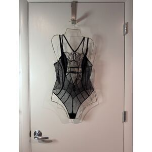 Honey Birdette Black Patent Leather & Mesh Strappy Bodysuit